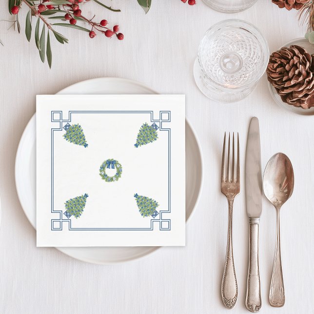 Servilleta De Papel Chinoiserie Azul y Blanco Navidad (Chinoiserie Christmas Trees Paper Napkins)