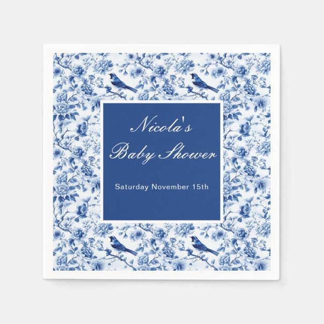 Servilleta De Papel Chinoiserie Blue Birds and Flowers Baby Shower (Anverso)