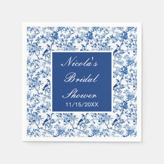 Servilleta De Papel Chinoiserie Blue Birds and Flowers Bridal Shower (Anverso)
