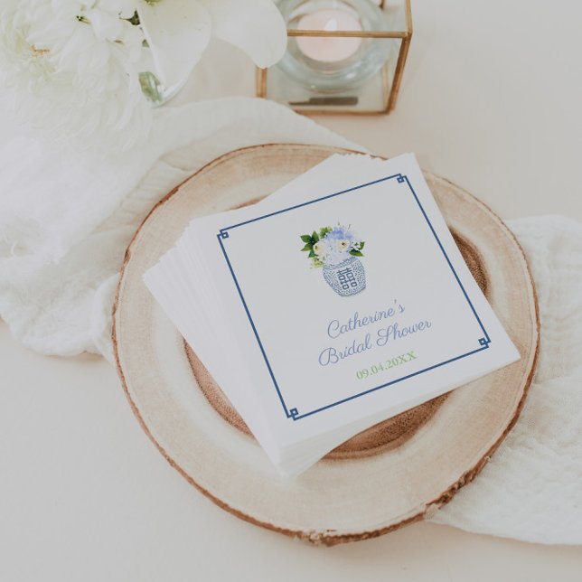 Servilleta De Papel Chinoiserie Chic Azul Verde Fiesta de Despedida de (Preppy ginger jar with blue and white flowers Bridal Shower napkins)