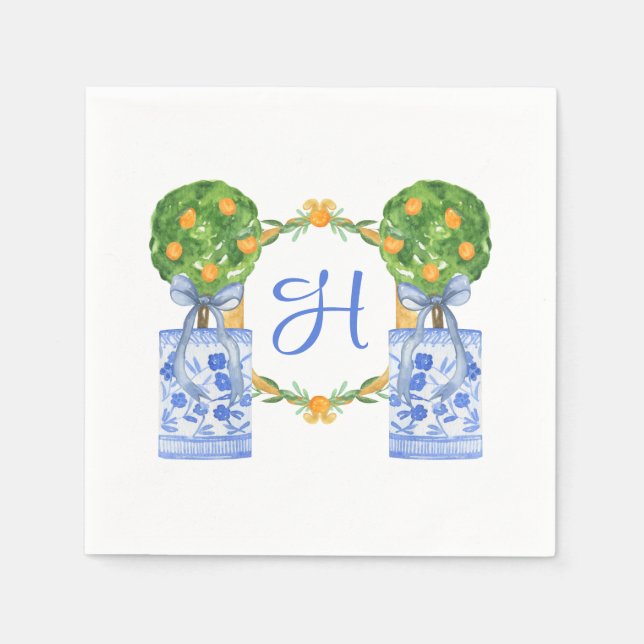 Servilleta De Papel Chinoiserie de Acuarela Topiaria de Citricos Monog (Anverso)