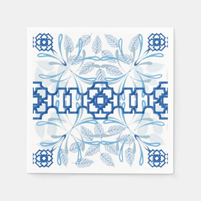 Servilleta De Papel Chinoiserie floral geométrica azul y blanca (Anverso)