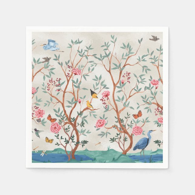 Servilleta De Papel Chinoiserie Mural con Garzas y Flores (Anverso)