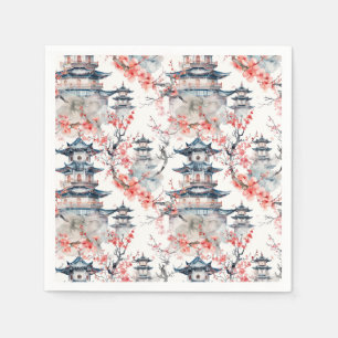 Servilleta De Papel Chinoiserie Pagoda Azul Floral Rosa Flor