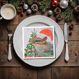 Servilleta De Papel Chipmunk con Navidades Gorra frente al árbol