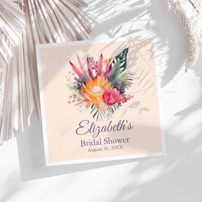 Servilleta De Papel Chorrete de Melocotón Flores Tropicales Despedida  (Peach Fuzz Tropical Flowers Bridal Shower Napkins on a sunny white table with dry palm leaf.)
