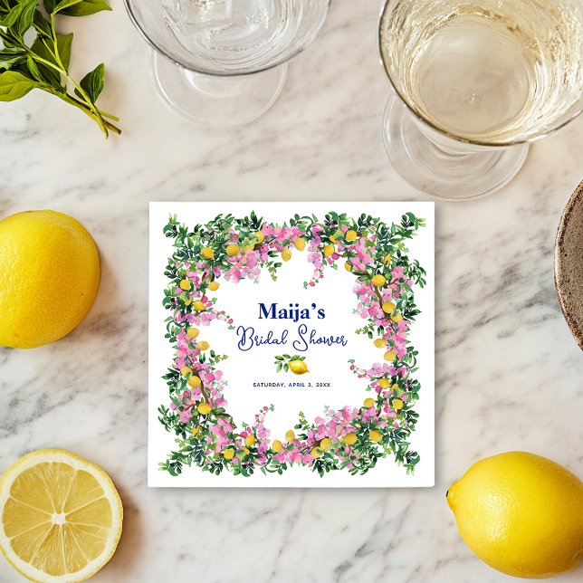 Servilleta De Papel Chorro de agua Costa de Amalfi Limones rosados Des (Watercolor Amalfi Coast Pink Lemons Bridal Shower Napkins)