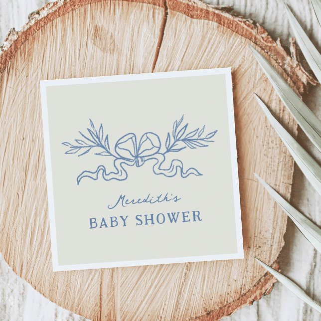 Servilleta De Papel Chorro de Bebé con Cinta Botánica Azul (Blue Botanical Ribbon Baby Shower Napkins)