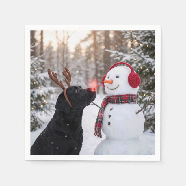 Servilleta De Papel Christmas Black Labrador Retriever with Snowman (Anverso)