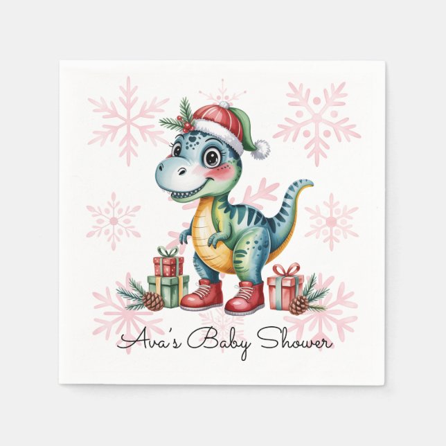 Servilleta De Papel Christmas Blue Dino and Presents Boy Baby Shower (Anverso)