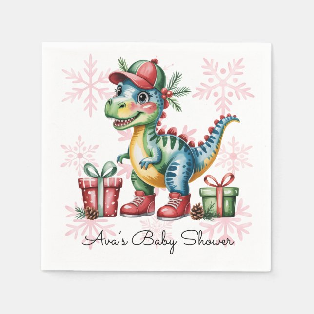 Servilleta De Papel Christmas Blue Dino and Presents Boy Baby Shower (Anverso)