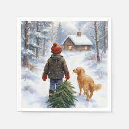 Servilleta De Papel Christmas Boy In Snowflakes With Pine Tree and Dog
