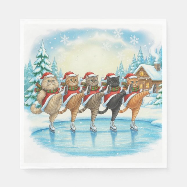 Servilleta De Papel Christmas Cat Skaters, Napkins (Anverso)