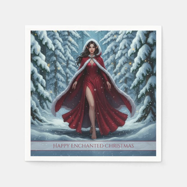 Servilleta De Papel Christmas Elf in Red in Snowy Winter Forest (Anverso)