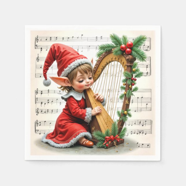Servilleta De Papel Christmas Elf Playing a Harp (Anverso)
