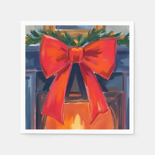 Servilleta De Papel Christmas Fireplace | Red Bow Merry Watercolor  (Anverso)