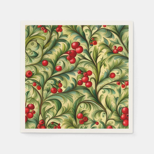 Servilleta De Papel Christmas Floral Pattern With Red Berries (Anverso)