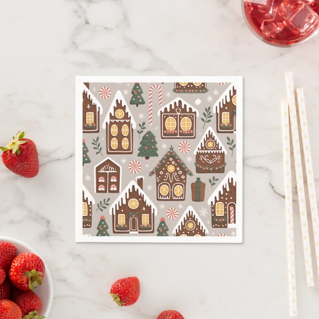 Servilleta De Papel Christmas Gingerbread Houses Holiday Pattern (In situ)