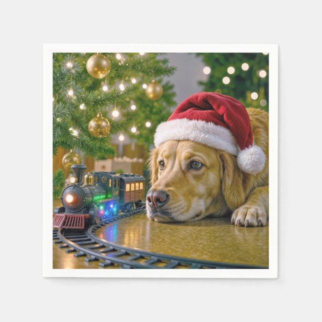 Servilleta De Papel Christmas Golden Retriever Watching a Toy Train (Anverso)