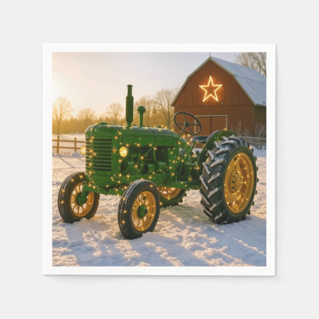 Servilleta De Papel Christmas Green Tractor With Glowing Lights (Anverso)
