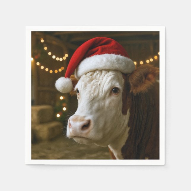 Servilleta De Papel Christmas Hereford Cow Wearing a Santa Hat (Anverso)