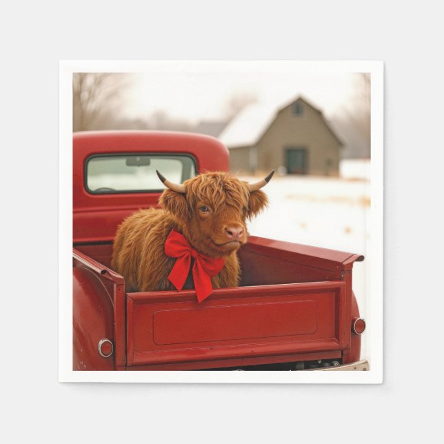 Servilleta De Papel Christmas Highland Cow In Old Red Truck (Anverso)