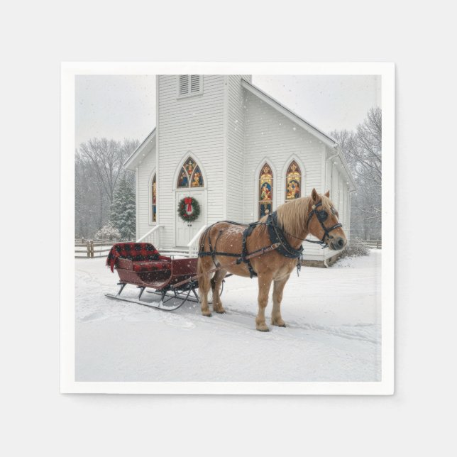 Servilleta De Papel Christmas Horse-Drawn Sleigh Waiting By a Chapel (Anverso)