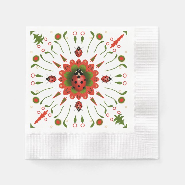 Servilleta De Papel Christmas Ladybug Red Green White Party Cocktail (Anverso)