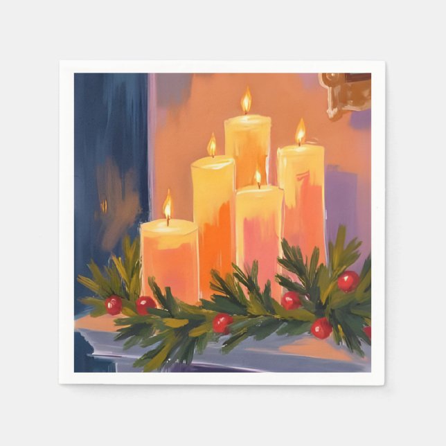 Servilleta De Papel Christmas Mantle Candles Garland Painted Holiday (Anverso)