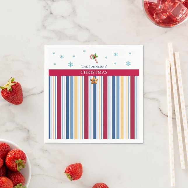 Servilleta De Papel Christmas Paper Napkins – Blue, Red & Gold Stripes (In situ)