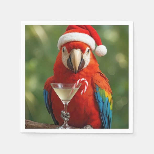 Servilleta De Papel Christmas Parrot Holding a Cocktail (Anverso)