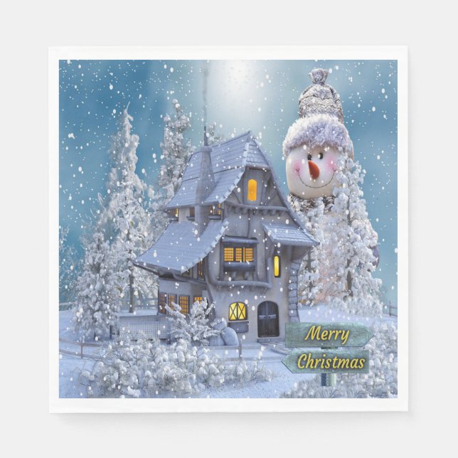Servilleta De Papel Christmas Party Winter White Snowman Blue Rustic (Anverso)