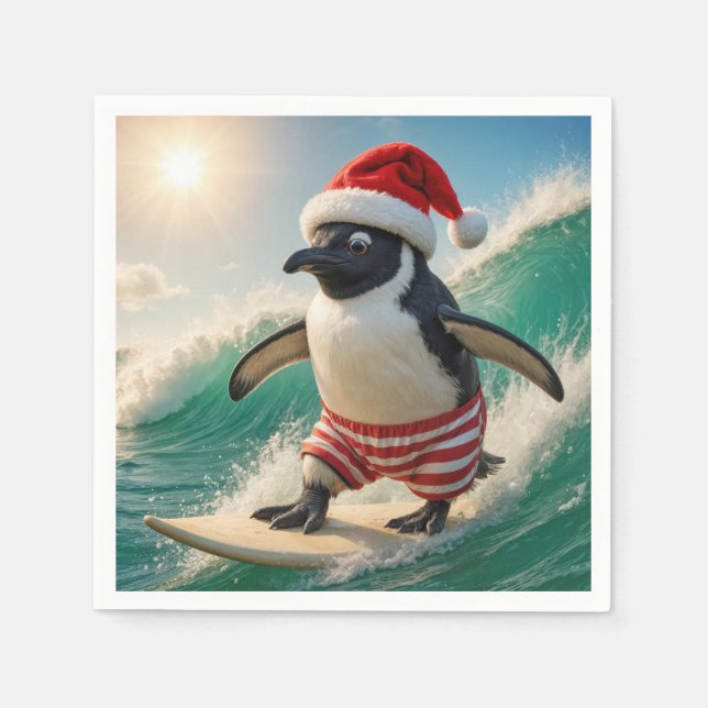 Servilleta De Papel Christmas Penguin Surfing On an Ocean Wave (Anverso)