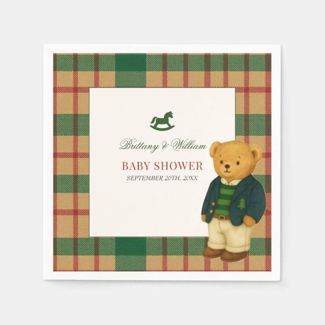 Servilleta De Papel Christmas Plaid Preppy Bear Baby Shower  (Anverso)