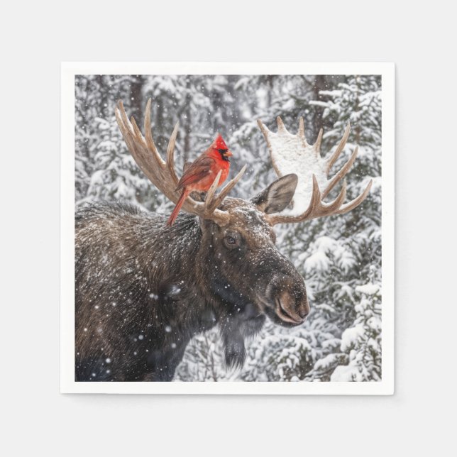 Servilleta De Papel Christmas Red Cardinal On Snowy Moose Antlers (Anverso)