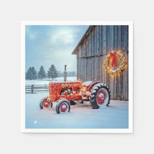 Servilleta De Papel Christmas Red Farm Tractor In Snow (Anverso)