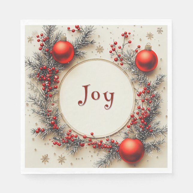 Servilleta De Papel Christmas Red Ornaments Berries Snowflakes (Anverso)