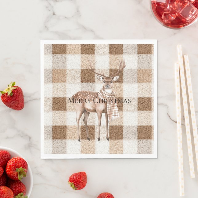 Servilleta De Papel Christmas Rustic Cream Brown Plaid Deer (In situ)