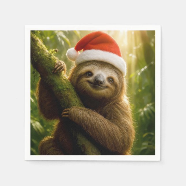 Servilleta De Papel Christmas Sloth Wearing a Santa Hat (Anverso)