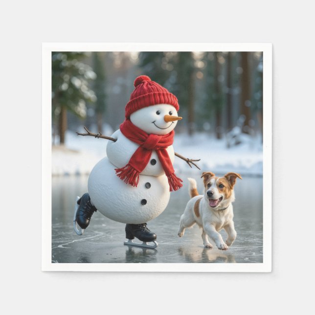 Servilleta De Papel Christmas Snowman Ice Skating With Dog (Anverso)