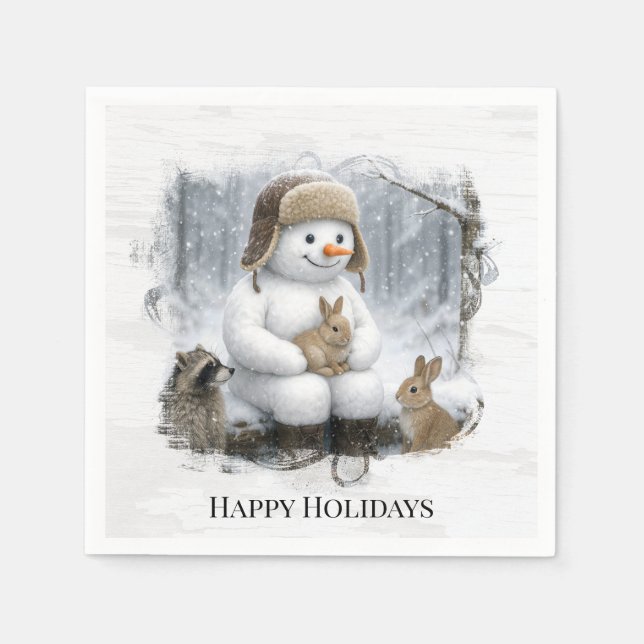 Servilleta De Papel Christmas Snowman With Friends In Winter Woods (Anverso)