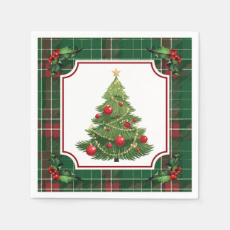 Servilleta De Papel Christmas Tree Green Plaid with Holly