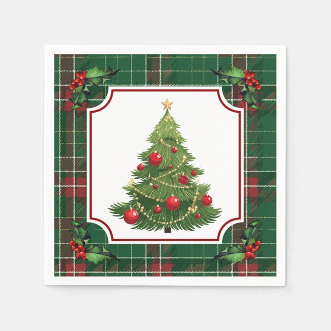 Servilleta De Papel Christmas Tree Green Plaid with Holly (Anverso)