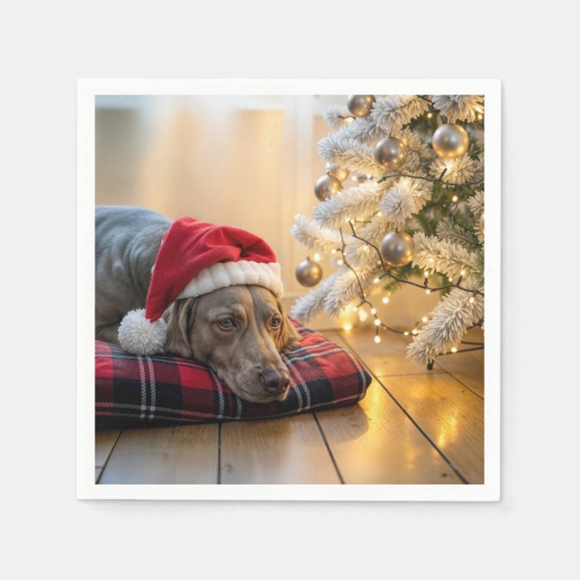 Servilleta De Papel Christmas Weimaraner Dog By a Tree (Anverso)