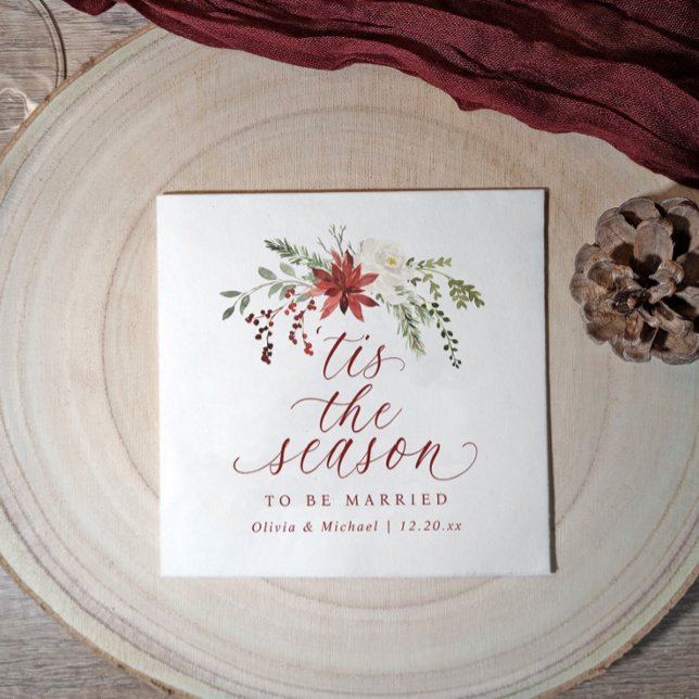 Servilleta De Papel Christmas Winter December Tis the Season Wedding (Elegant Christmas wedding napkin with “’Tis the Season to Be Married” and watercolor florals.)