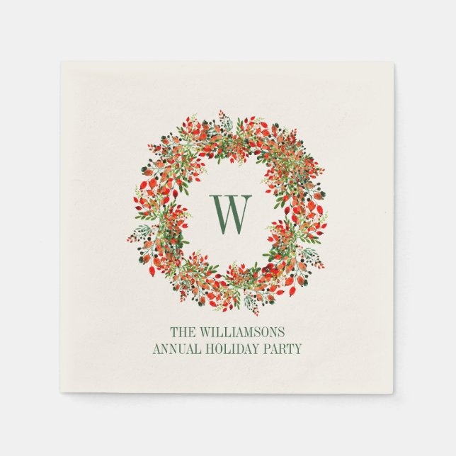 Servilleta De Papel Christmas Wreath Monogram Name Holiday Party (Anverso)