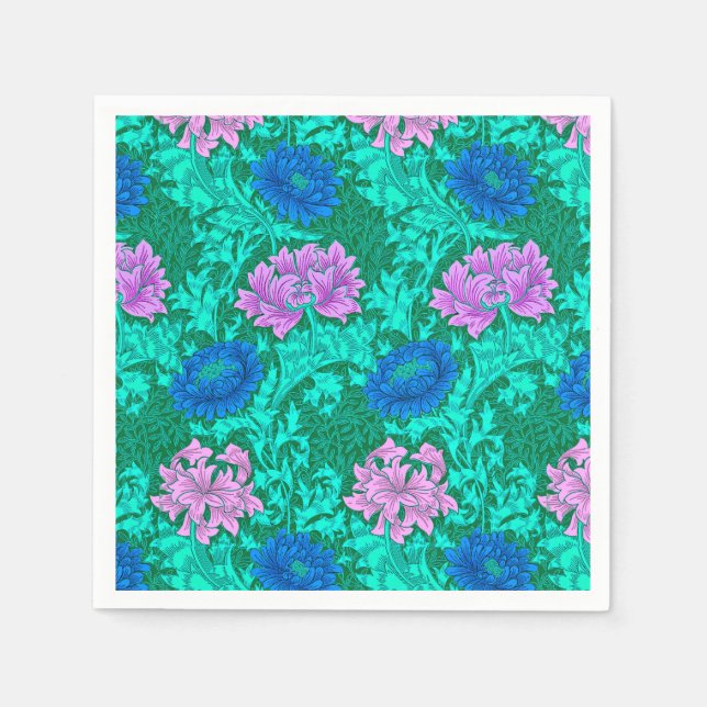 Servilleta De Papel Chrysanthemums, Aqua y Violet (Anverso)