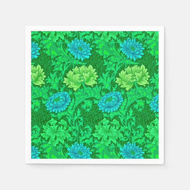Servilleta De Papel Chrysanthemums de William Morris, Lime Green y Aqu (Anverso)