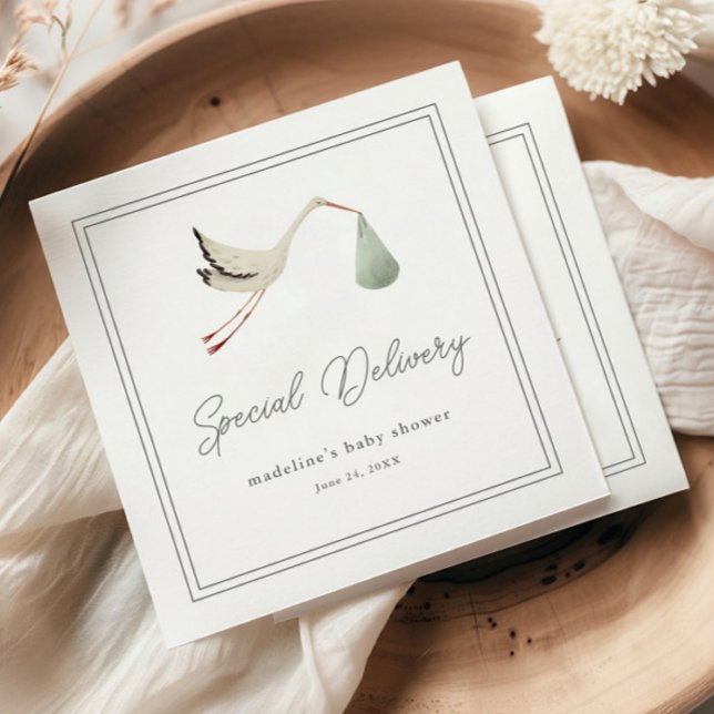 Servilleta De Papel Chupetón de Cigüeña Elegante (Elegant hand painted stork gender neutral baby shower napkins.)