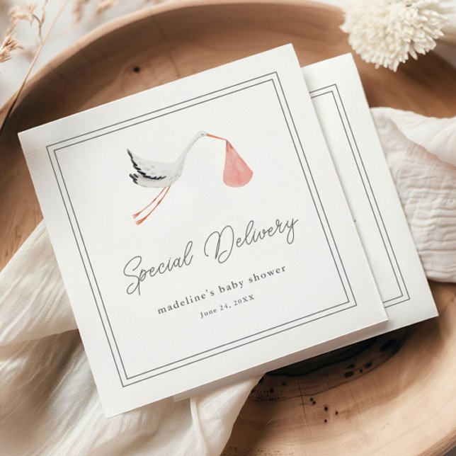 Servilleta De Papel Chupetón de Cigüeña Elegante (Elegant hand painted stork pink girls baby shower napkins.)